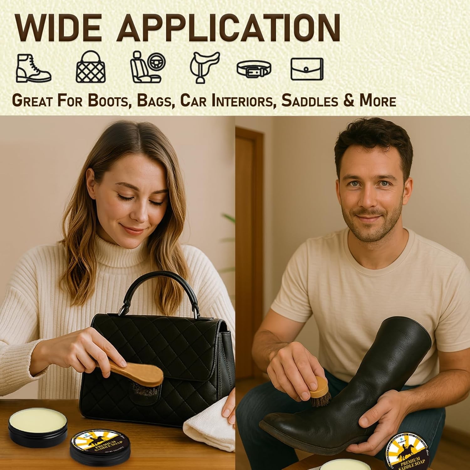 Essential Leather Care 3-in-1 Kit with Saddle Soap, Brush & Cloth – 3.52oz