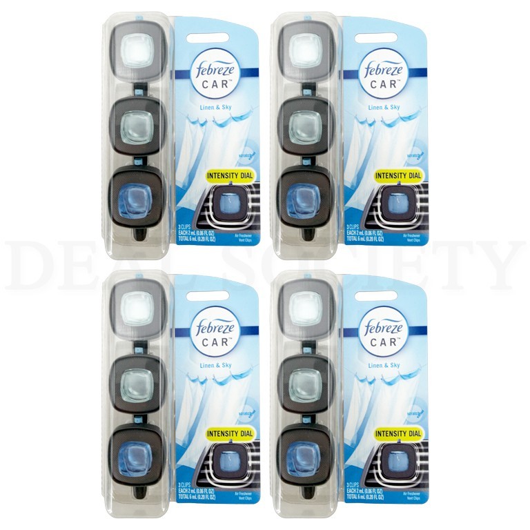 Febreze Odor-Fighting Car Vent Clip Air Freshener Linen & Sky 3 Count Lot of 4