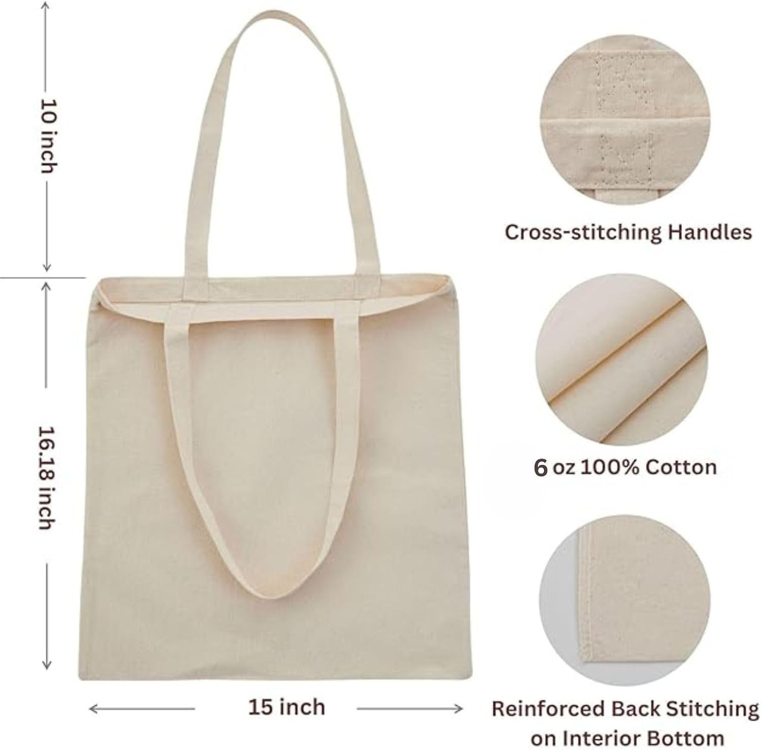 Canvas Tote Bag 15×16, Bulk Reusable Cotton for Grocery DIY Crafts 2 6 12 Pack