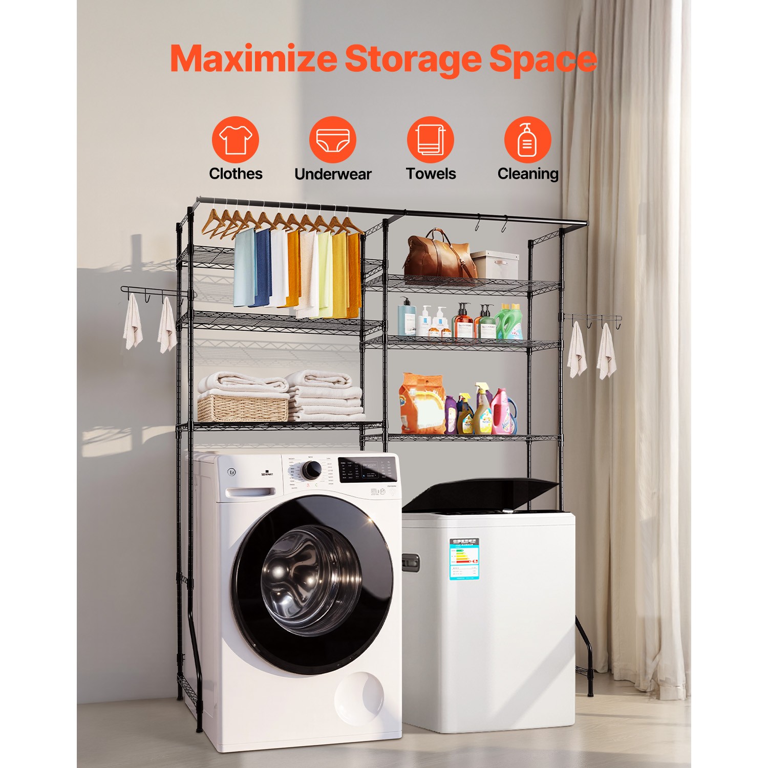 Over Washer and Dryer Storage Shelf Two Row 6 Tiers Washer Rack Black