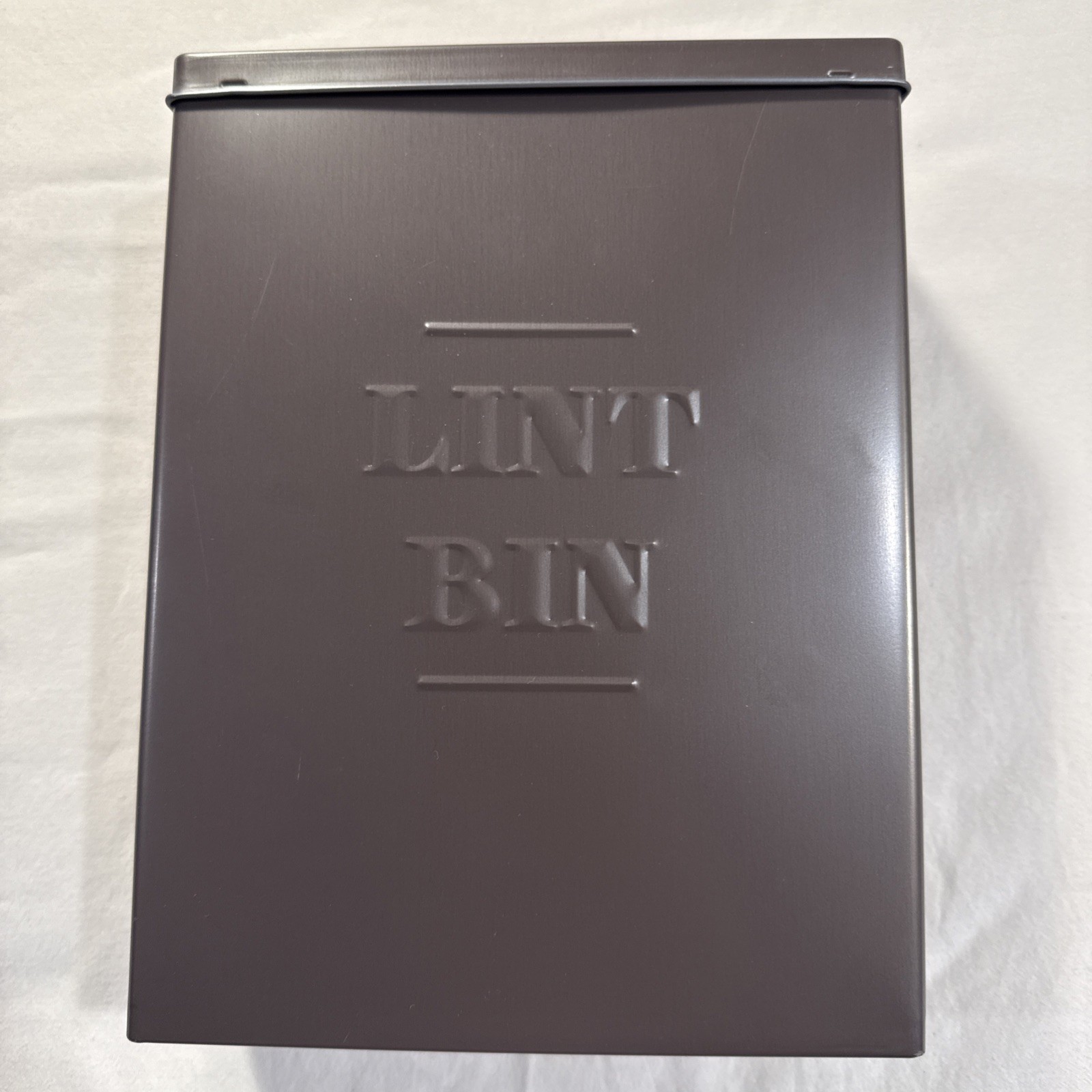 Metal Laundry Lint Bin – 7″ x 3″ x 10″. Hanging Hooks. Bronze Embossed Letters
