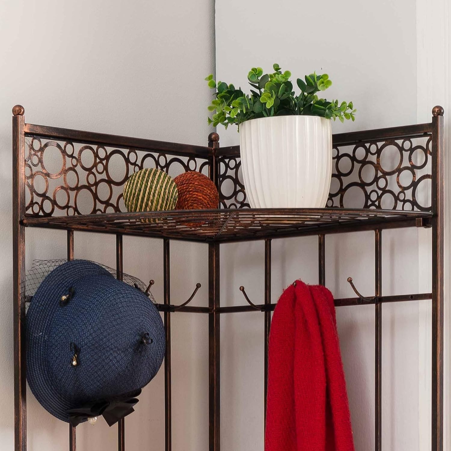 Brushed Copper Metal Corner Entryway Hallway Storage Bench with Coat Rack