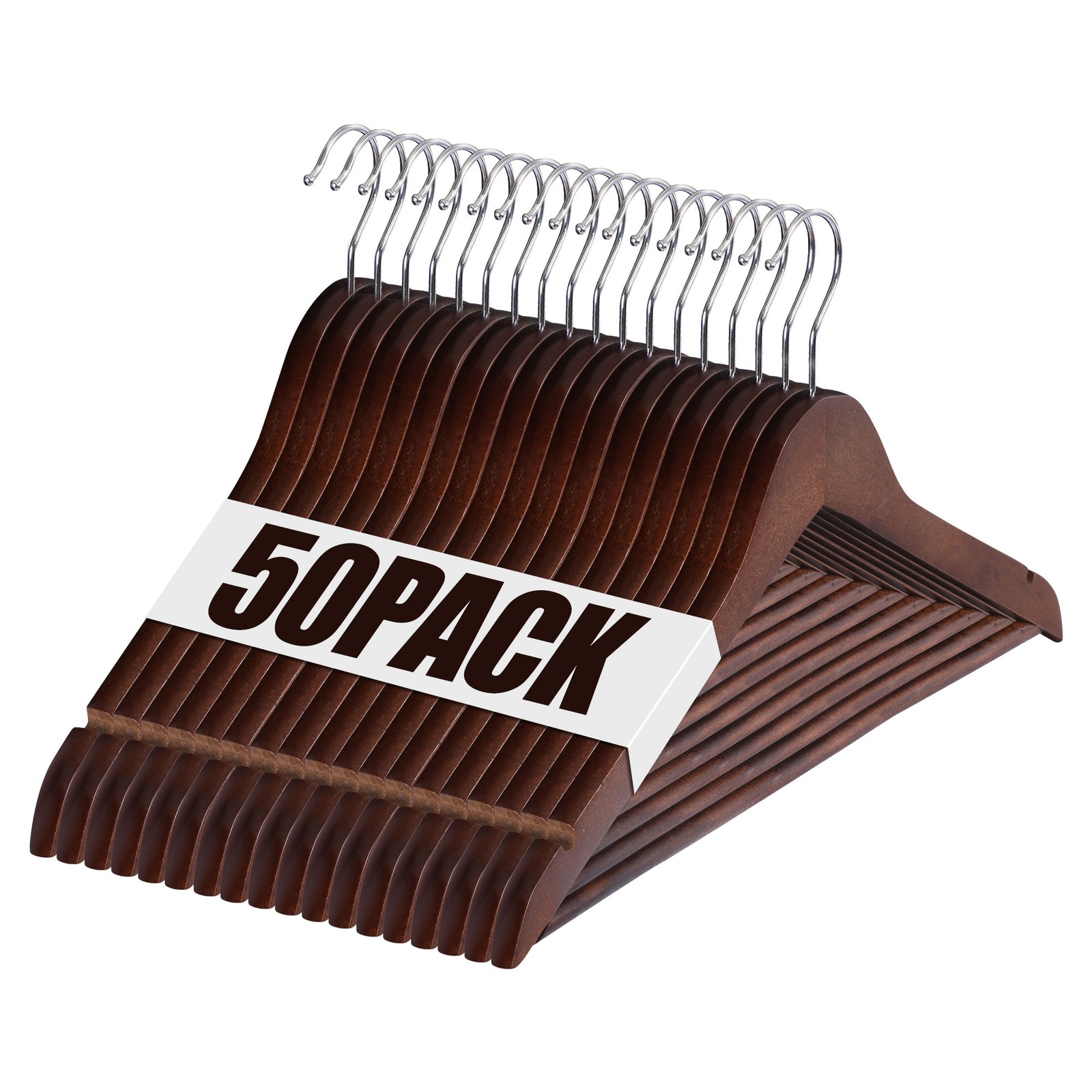Premium Wooden Hangers 50 Pack Non-Slip Coat Clothes Hangers w/Swivel Hook Brown
