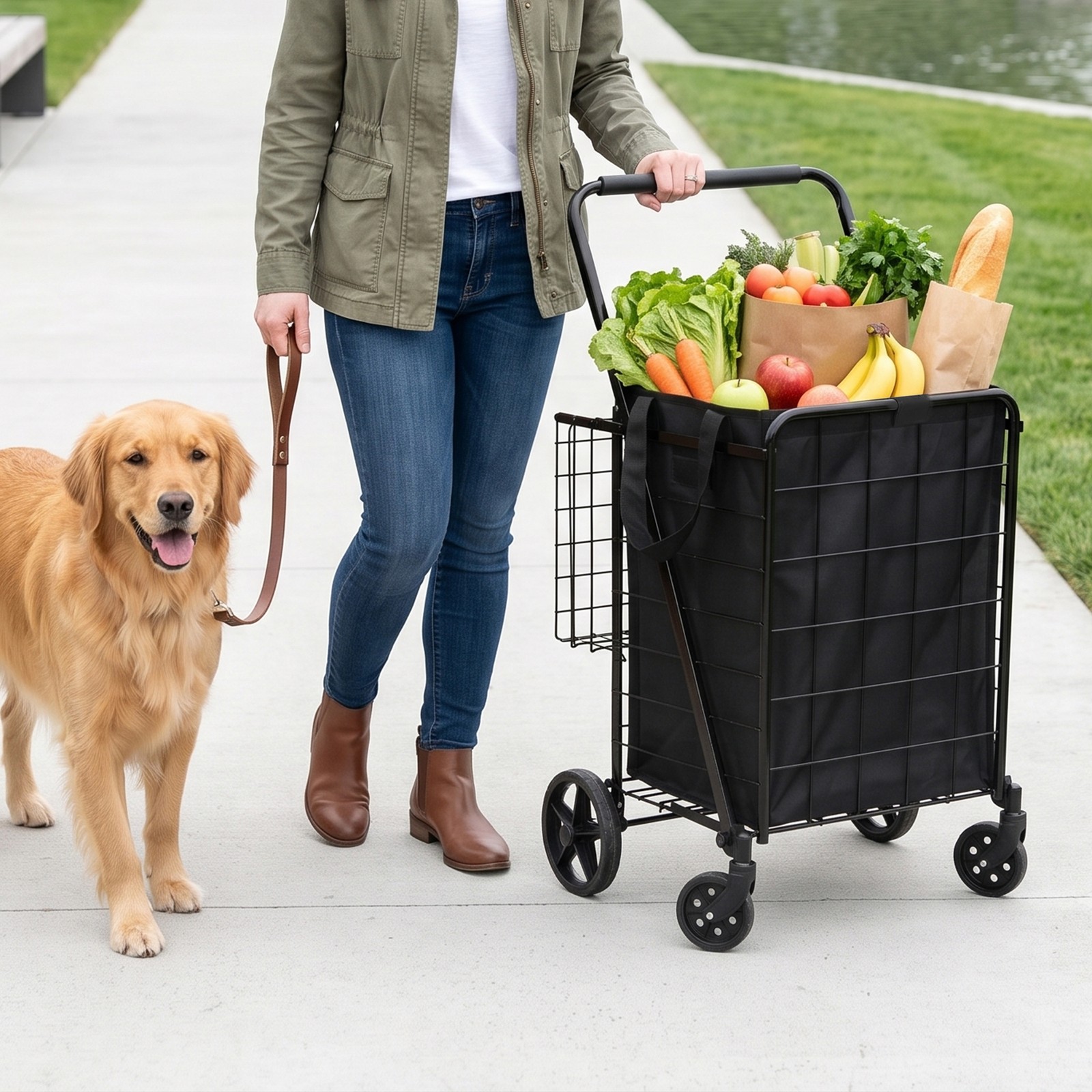 Collapsible Rolling Grocery Cart 88LB Load Capacity w/ Oxford Cloth Liner Black