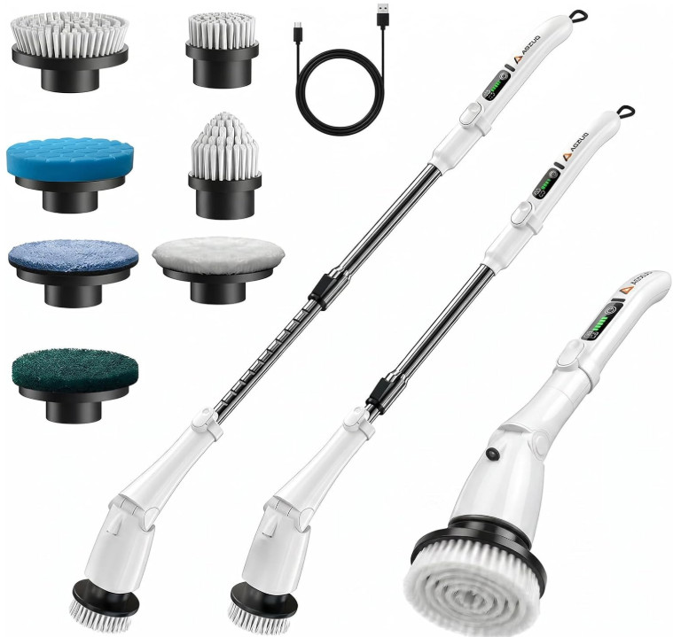 Cepillo Eléctrico Giratorio con Luz LED, 7 Cabezales y Mango Extensible, Nuevo