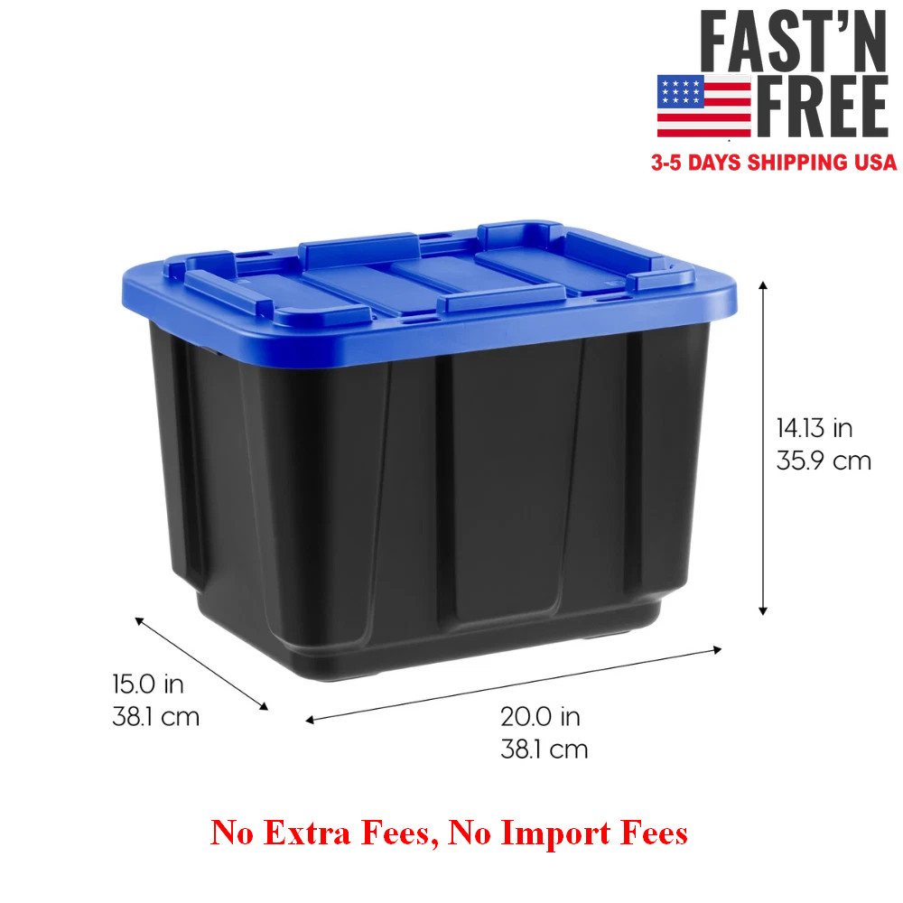 IRIS USA 12 Gal, Stackable Storage Totes, Plastic Bin with Lids, Black/Blue, 4PK
