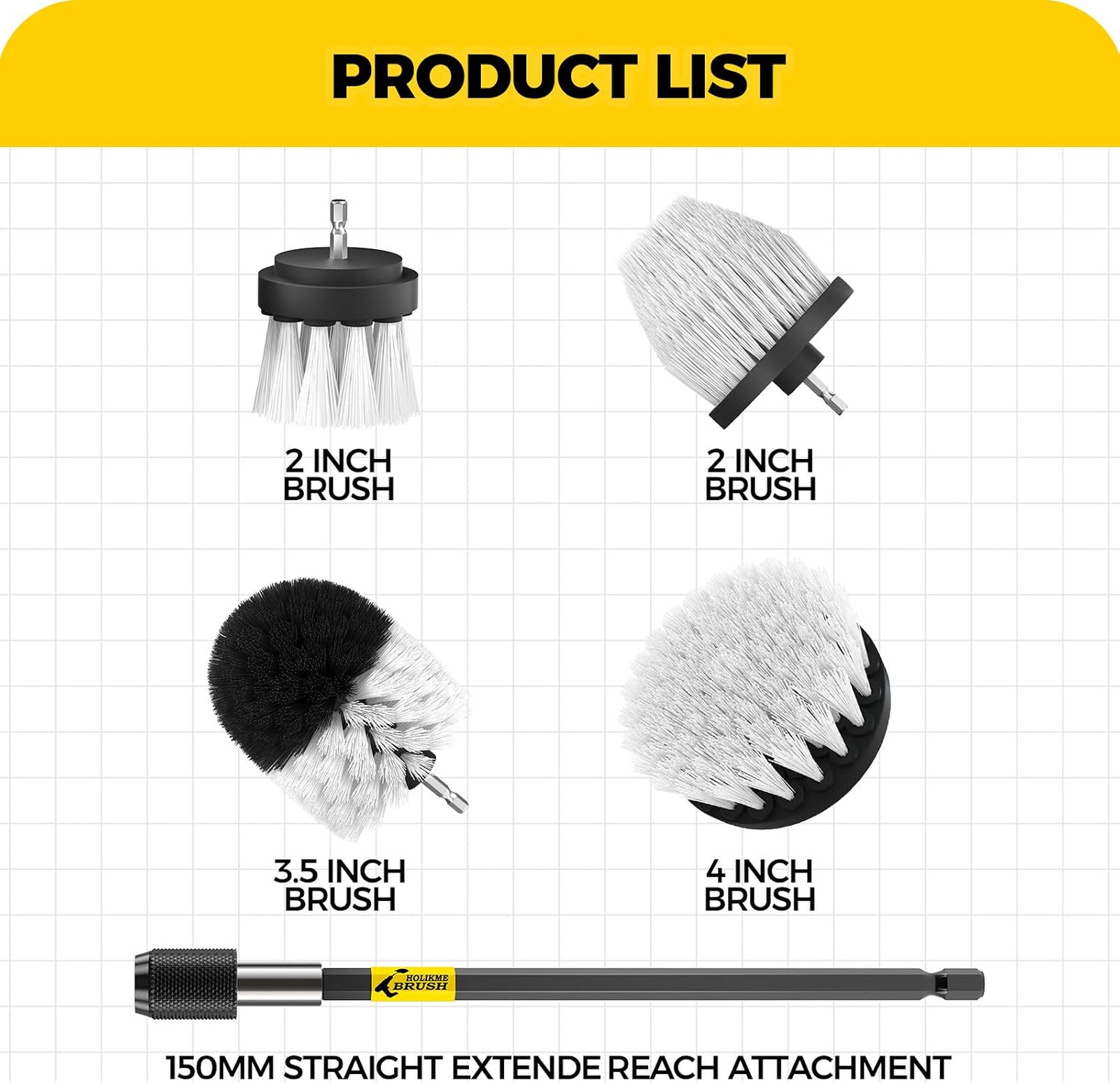 Drill Brush Attachment Set, Nylon Bristles, Extended Long Handle, 4 Piece, for