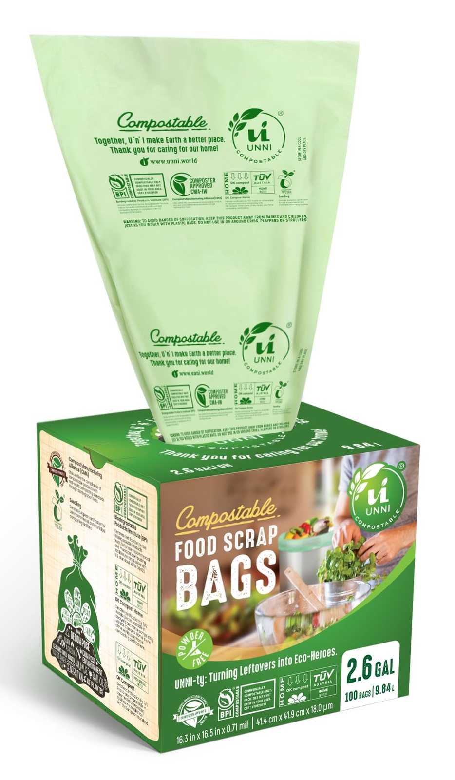 Compostable Liner Bags 2.6 Gallon 9.84 Liter 100 Count Extra Thick 0.71 Mil Smal