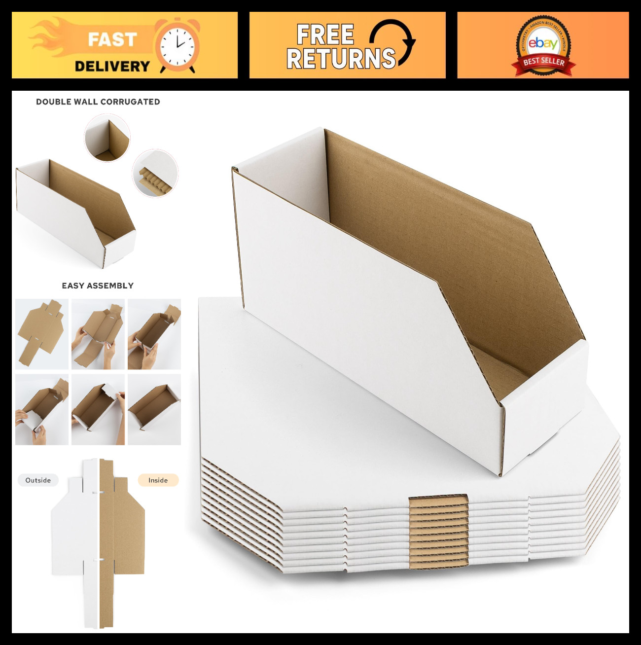 12x4x4.5 Cardboard Storage Bins – 10 Pack Open Top Organizers for Garage & Offic
