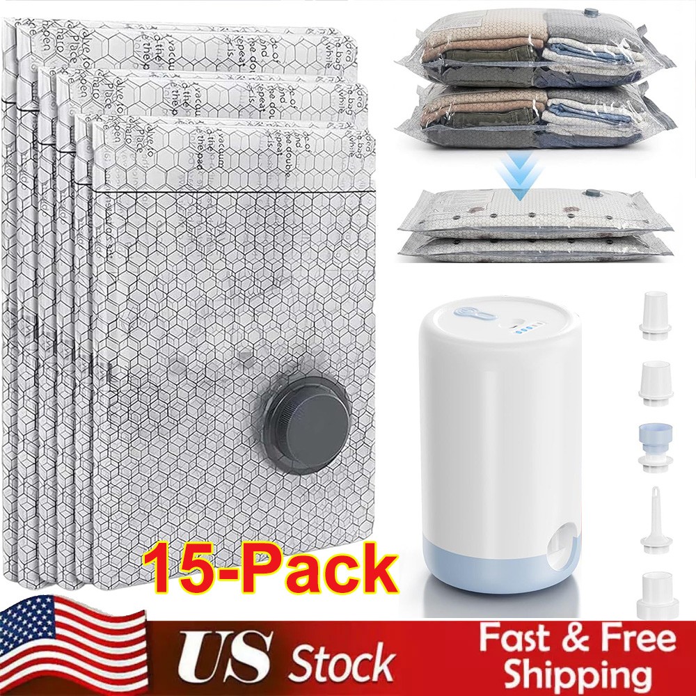 15 Pack Travel Vacuum Bags With Rechargeable Air Pump Carry-On Compression Bags