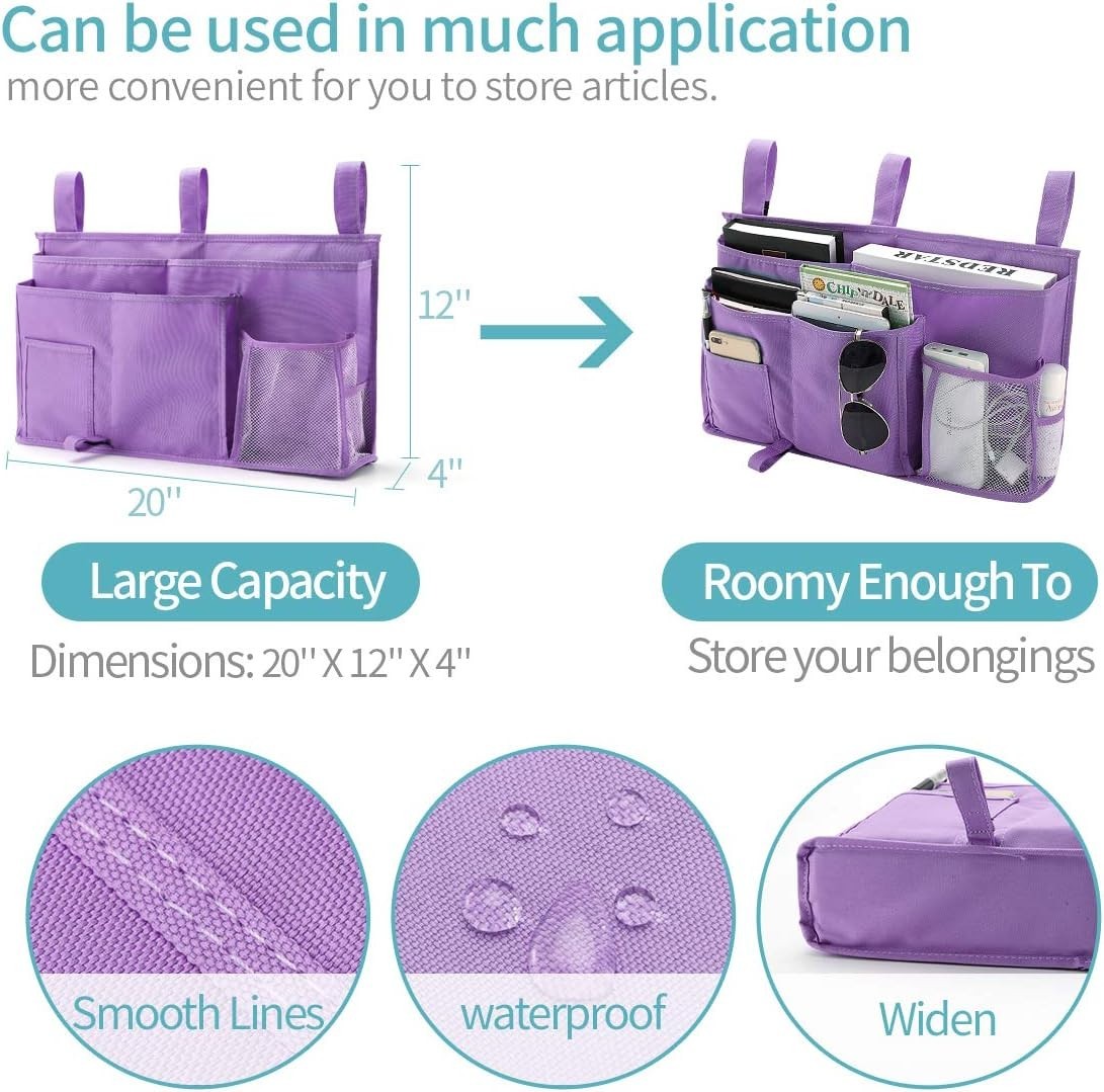 Adjustable Bedside Storage Caddy – 8 Pockets, Waterproof Oxford Cloth – Purple
