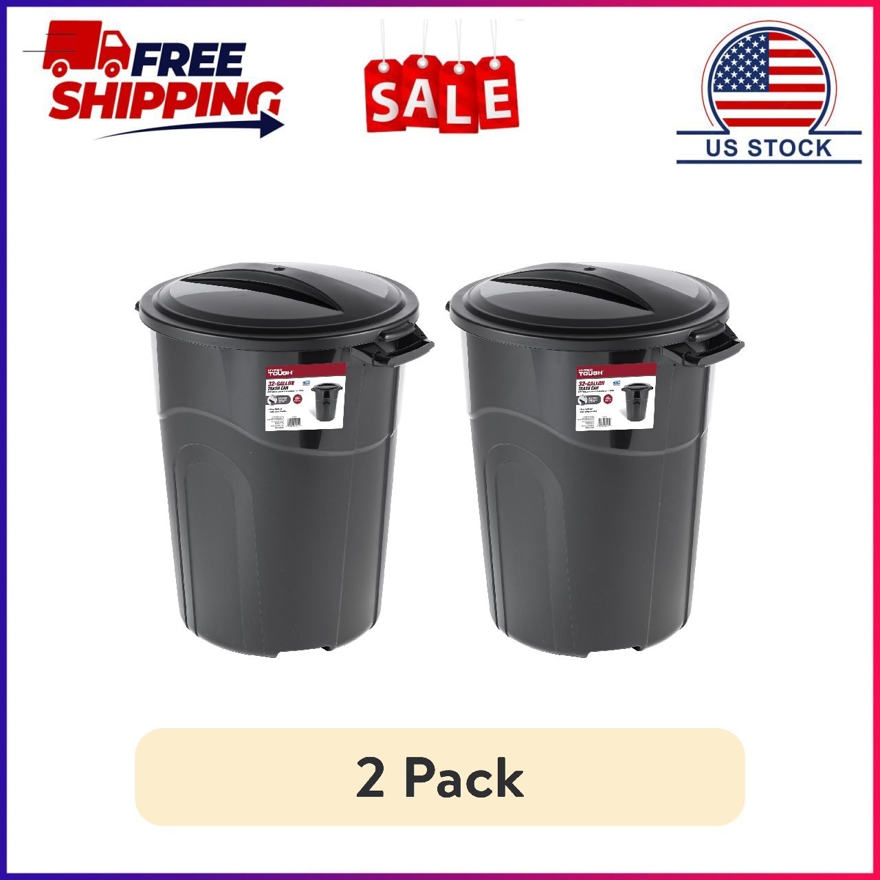 (2 pack) Hyper Tough 32 Gallon Heavy Duty Injection Molded Trash Can with Click
