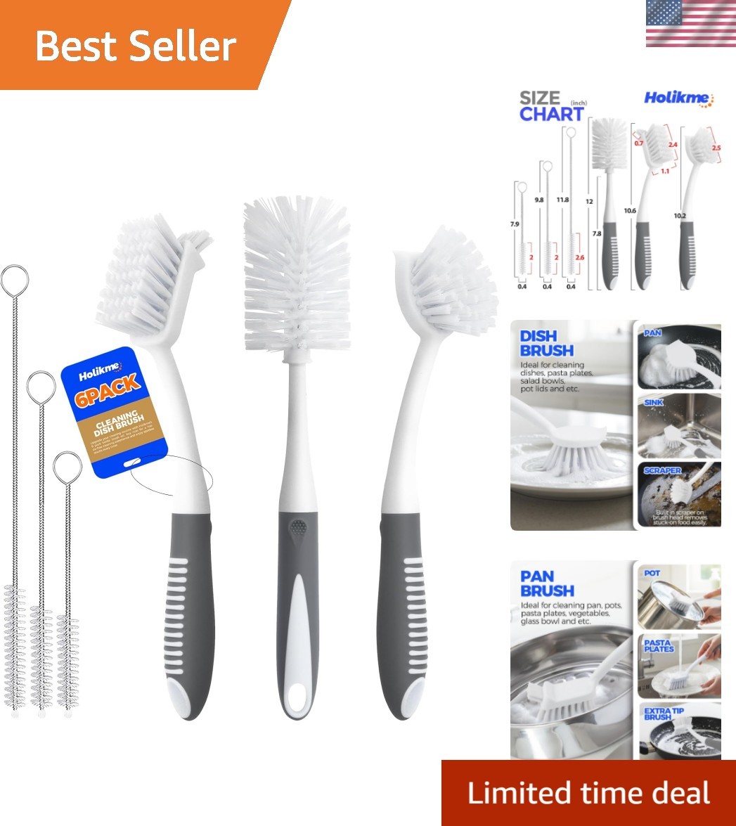 6 Pack Dish Brush Set with Bottle Brush, Dish Scrub Brush, Pan Brush and 3 St…