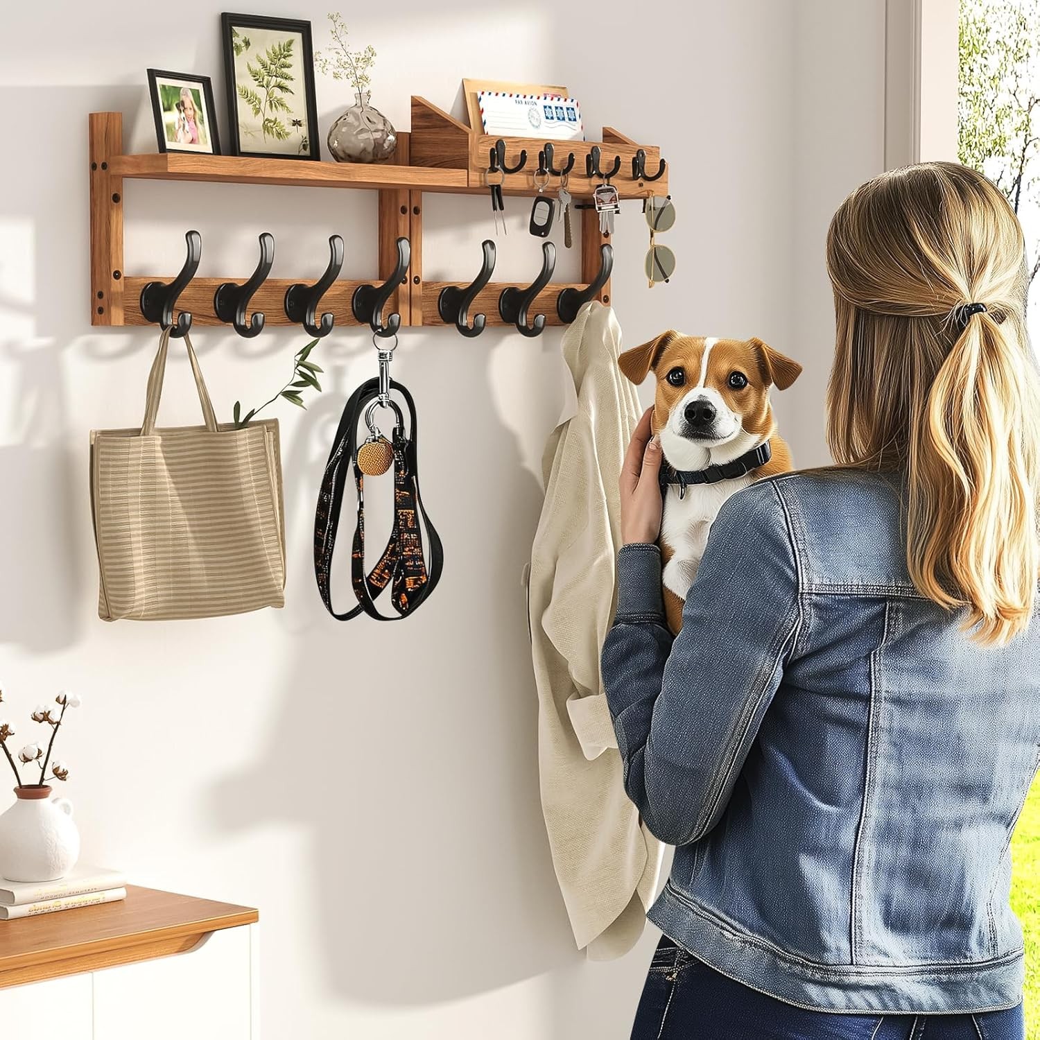 Wood Coat Rack Wall Mounted,Natural Wood Plank with 11 Black Metal Hooks, Hat an