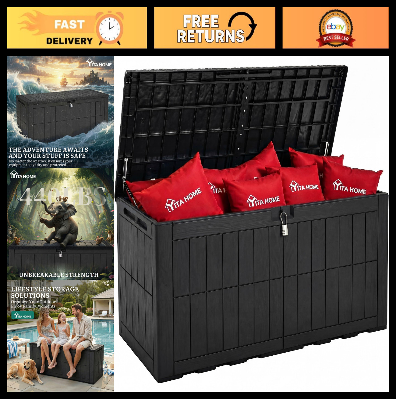 Large 134 Gallon Waterproof Outdoor Storage Box & Bench, Resin Deck Box for Cush