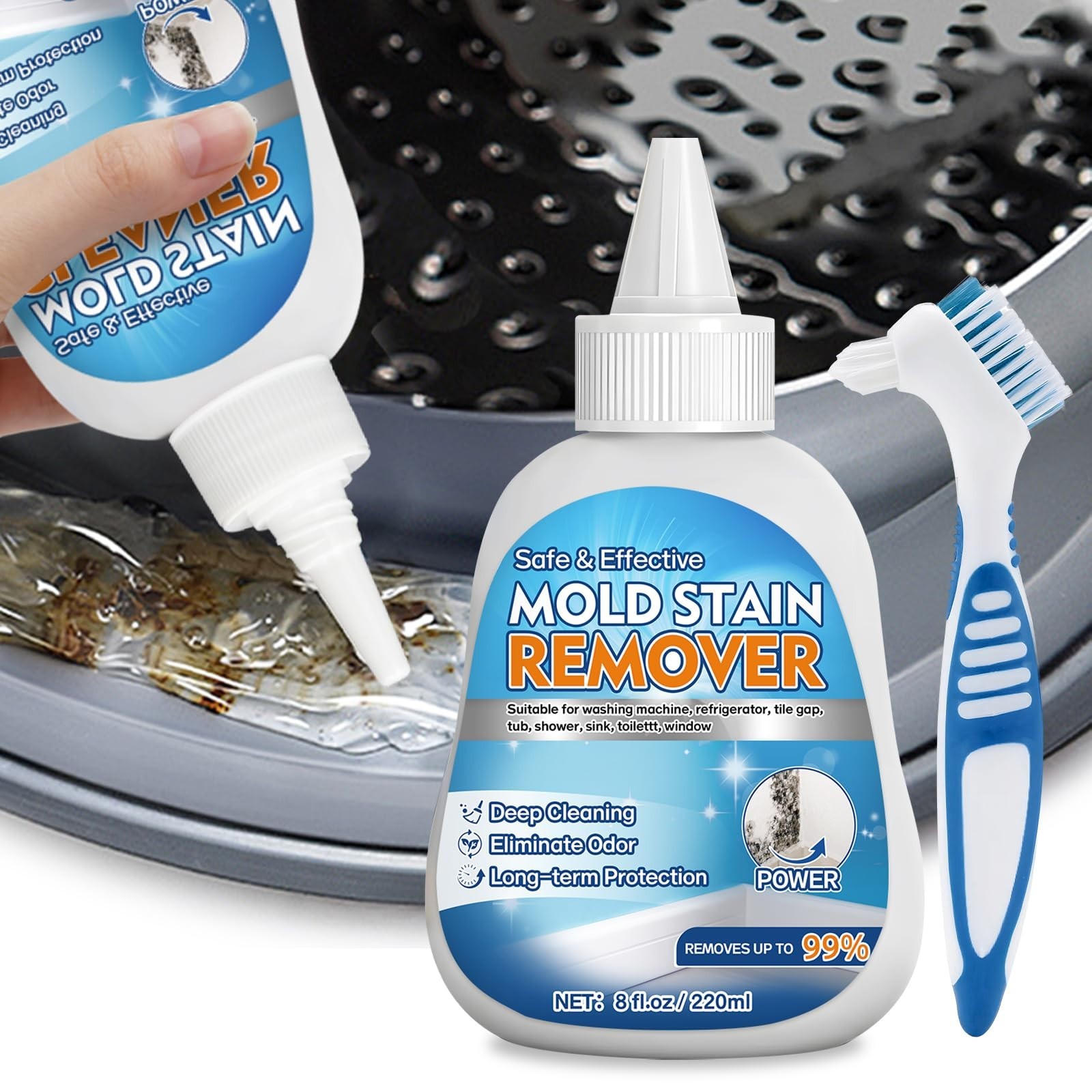 Mold Stain Remover Gel for Washer Seal & Bathroom Grout – No Scrub Deep Cleaner