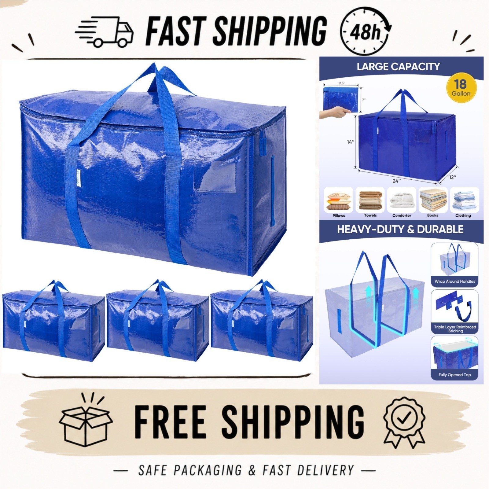 4 Pack Extra Large Moving Bags with Zippers & Handles – Heavy Duty Storage