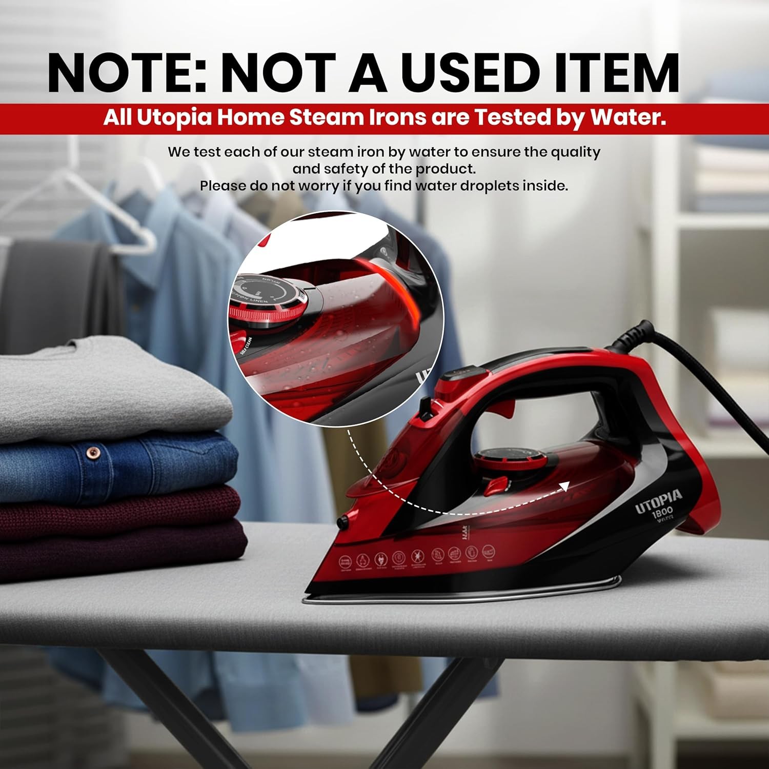 Utopia Home Iron for Clothes 1800W Adjustable Steam Self Clean Black Red