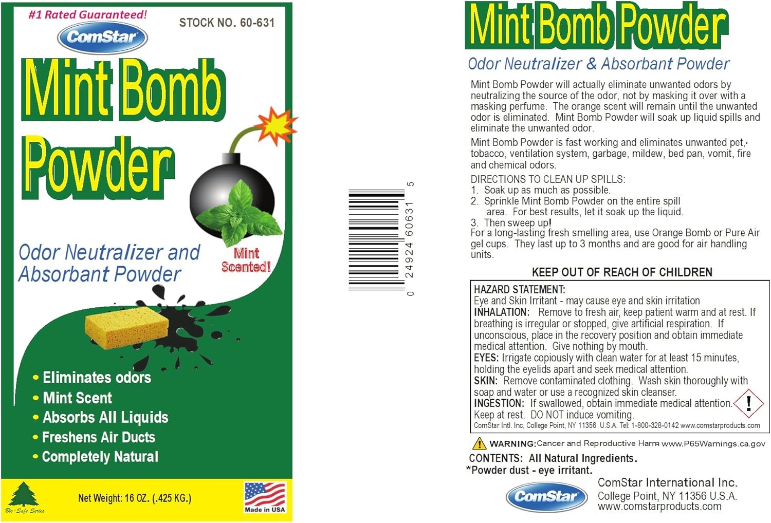 ComStar Mint Bomb Powder 1 lb Absorbent Odor Neutralizer for Homes & Vehicles