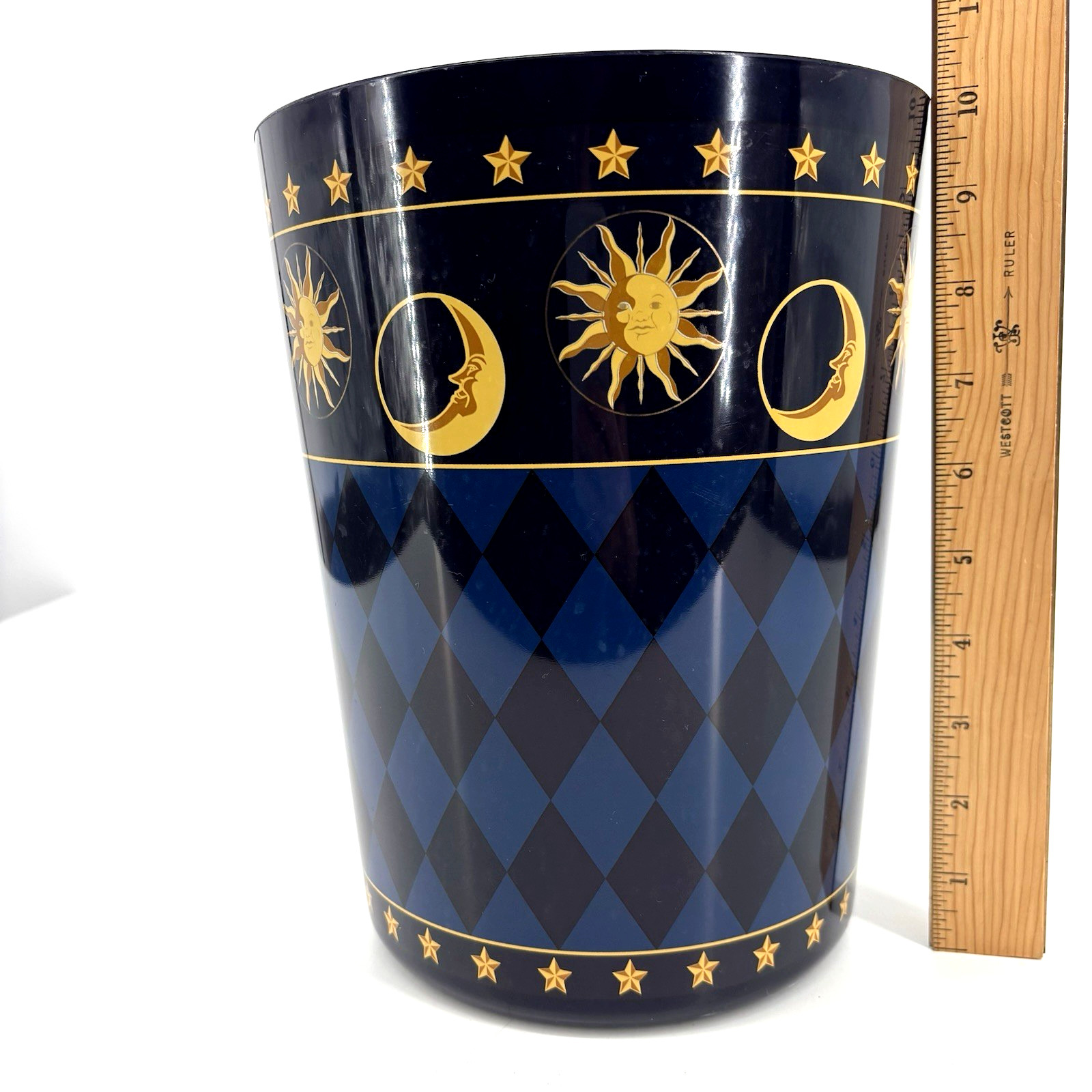 Celestial Night Sky Waste Basket Trash-Can Moon Star Sun Navy Blue VTG