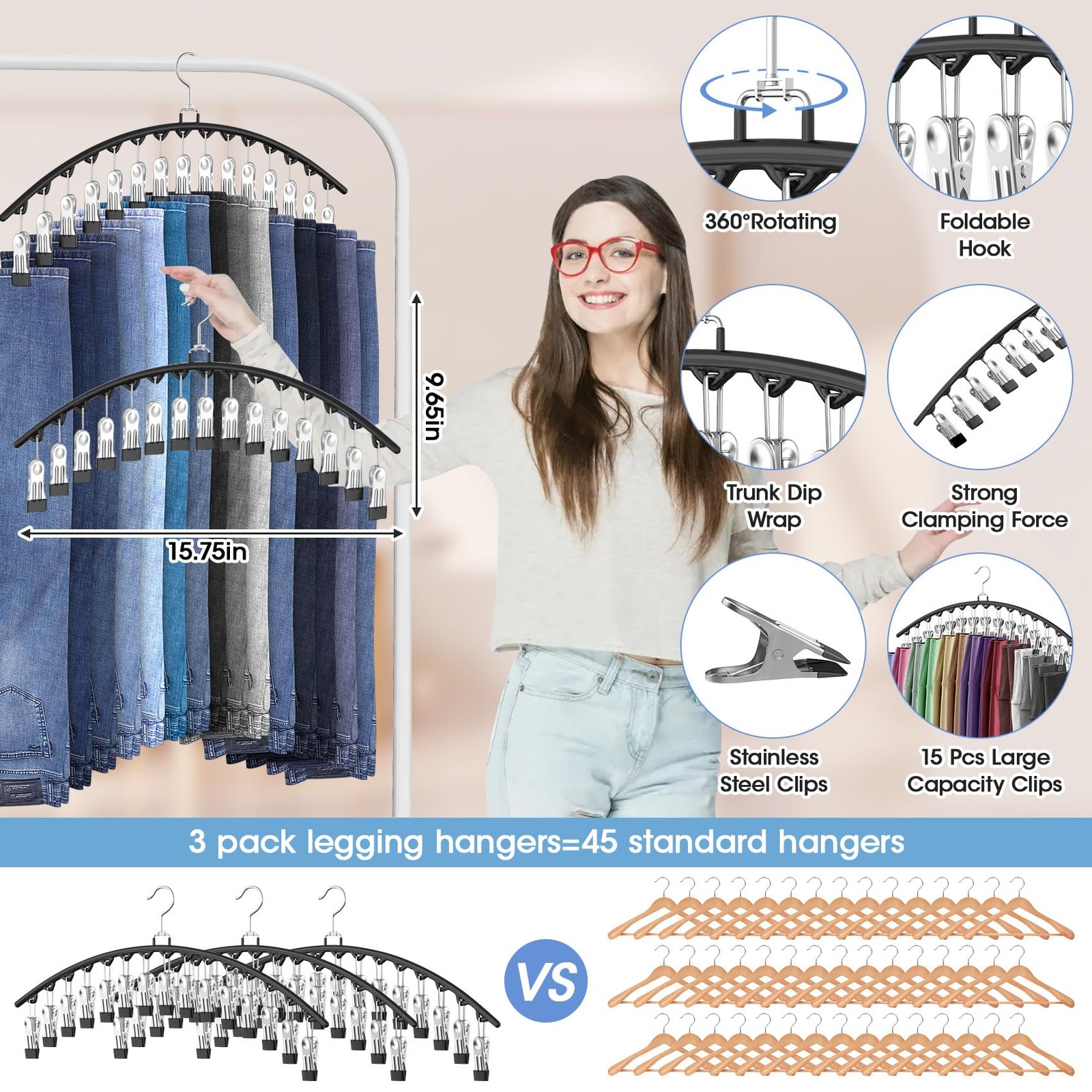 6 Pack Legging Organizer For Closet Hanging Pants Hangers With 15 Clips Holds 45