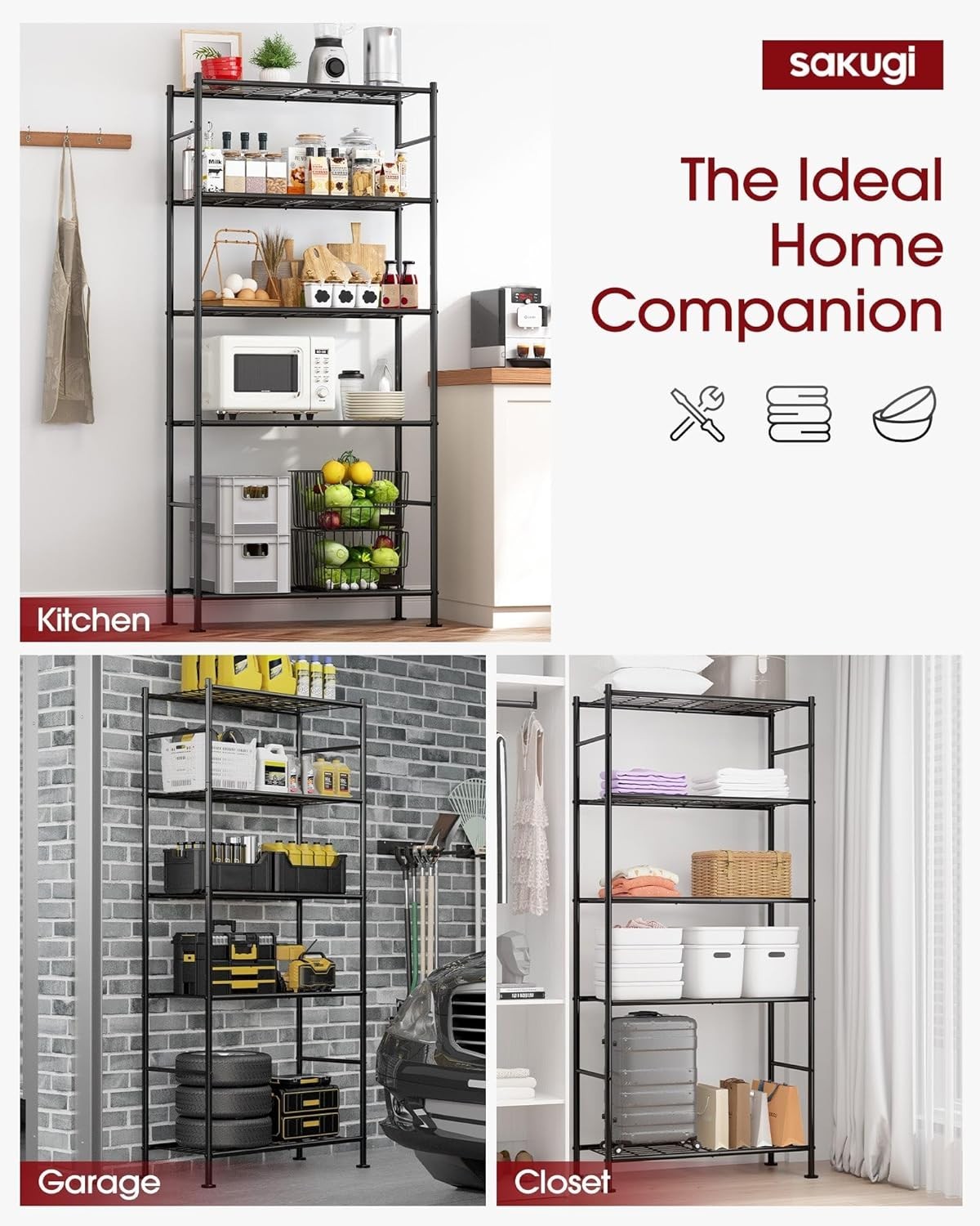 Sakugi Storage Shelves – 5 Tier Shelf Organizer, Heavy Duty Garage Shelving U