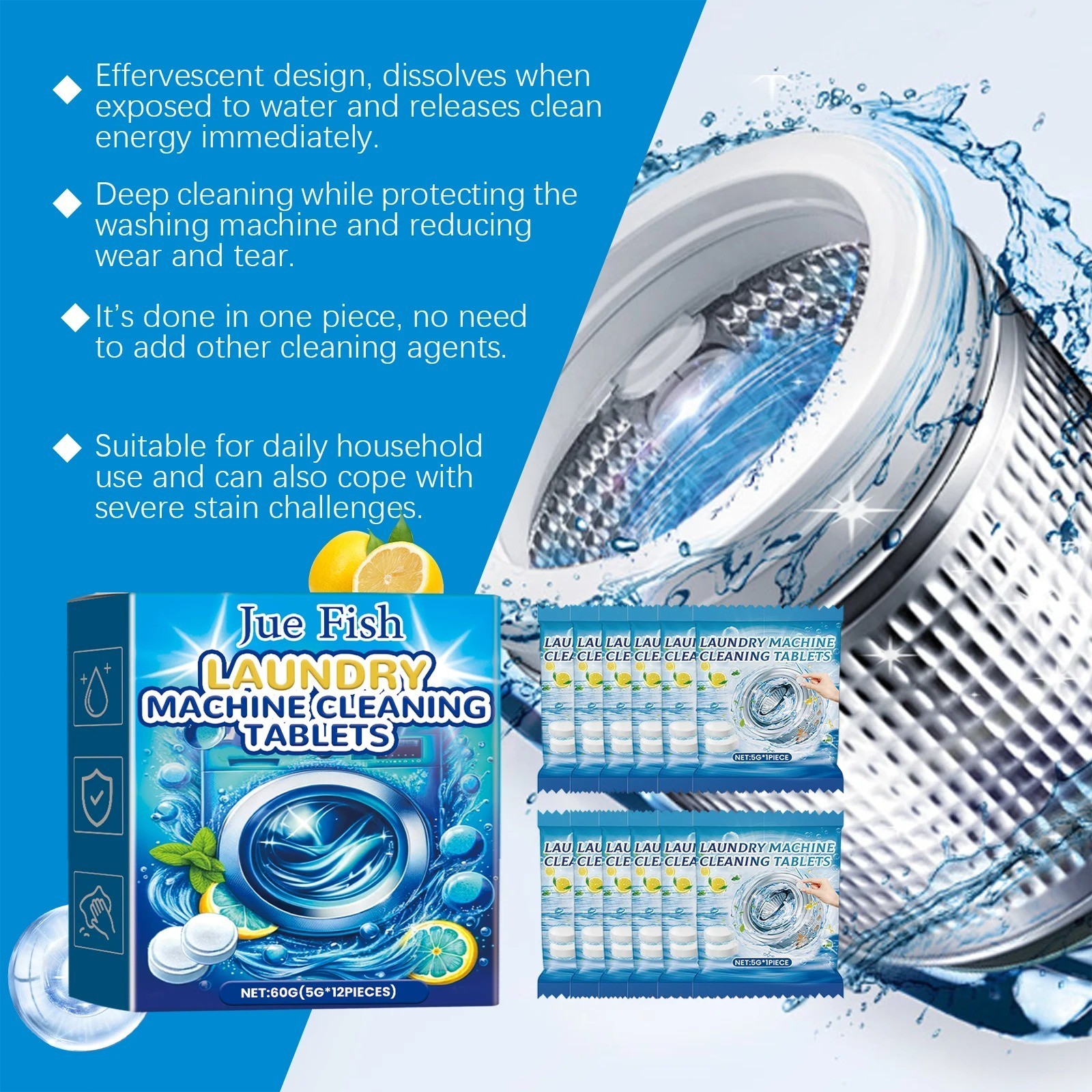 12PCS Washing Machine Cleaner Tablets Deep Clean No Residue All Models