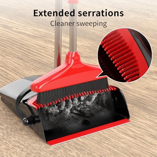 Broom with Dustpan Combo Set 54″ Long Handle Adjustable Length Black and Red