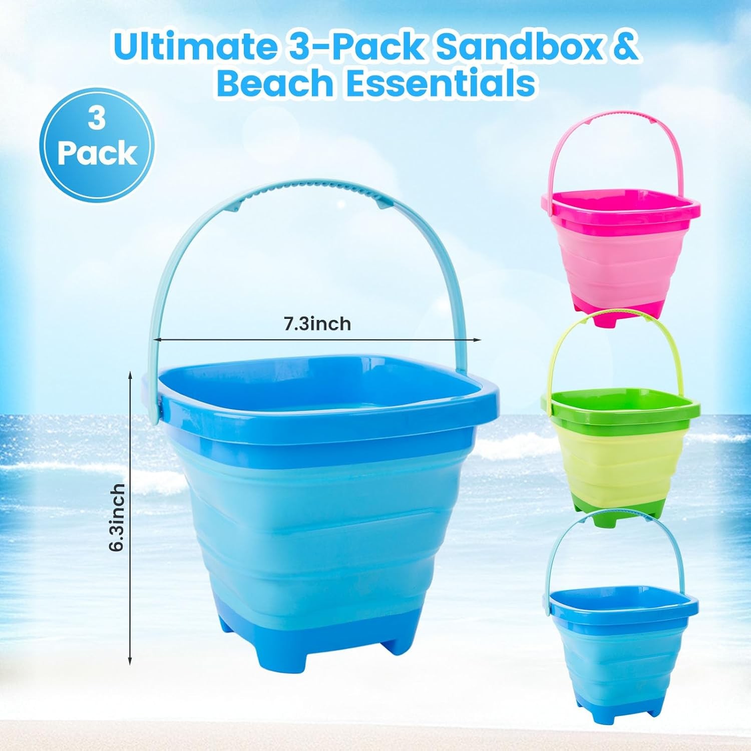 Collapsible Bucket for Kids,3 Pcs, Multicolor | Foldable Pail Bucket for Beach