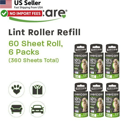 Evercare Pet Lint Roller Refill 60 Sheets 6 Count Pack Hair Removal Green USA
