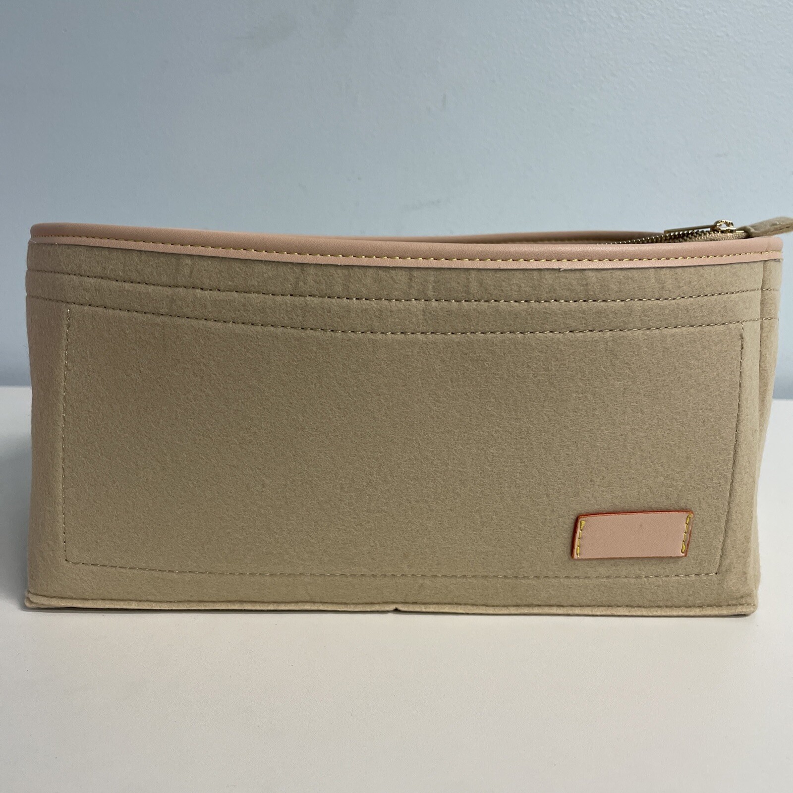 Collapsible Felt Organizing Basket with Zipper pocket 12Lx8.5 Wx5.5 H Tan/Pink/G