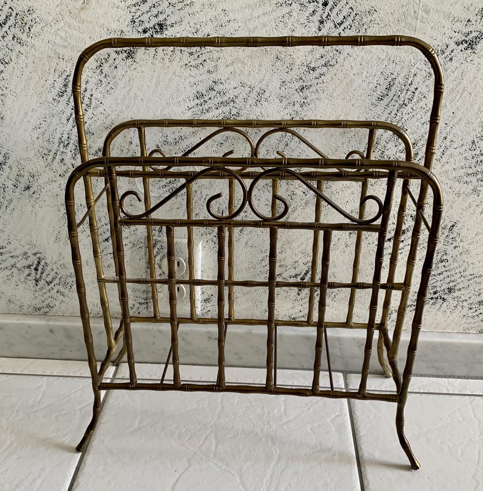 Solid Brass Magazine Newspaper Rack Mid Century Modern Design VTG 17” X 13” X 6”