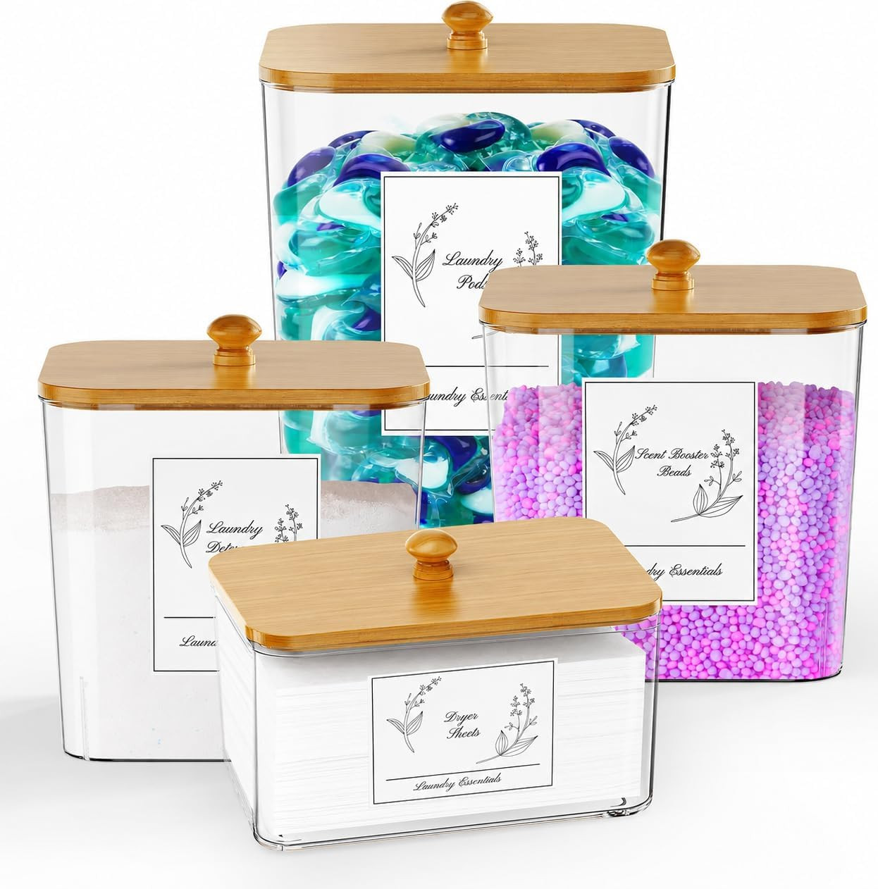 4 Pack Clear Laundry Pods Container & Dryer Sheet Holder,Bamboo Lids | Clear Squ