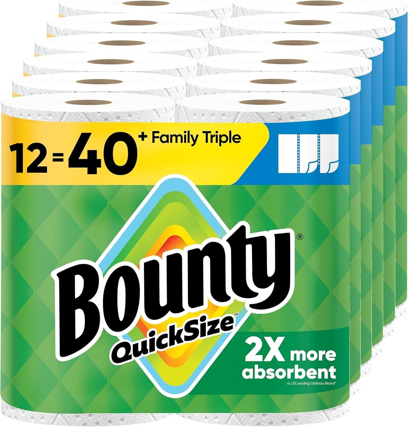 Quick-Size Paper Towels, 12 Family Triple Rolls = 40 Rolls – Super Absorbent