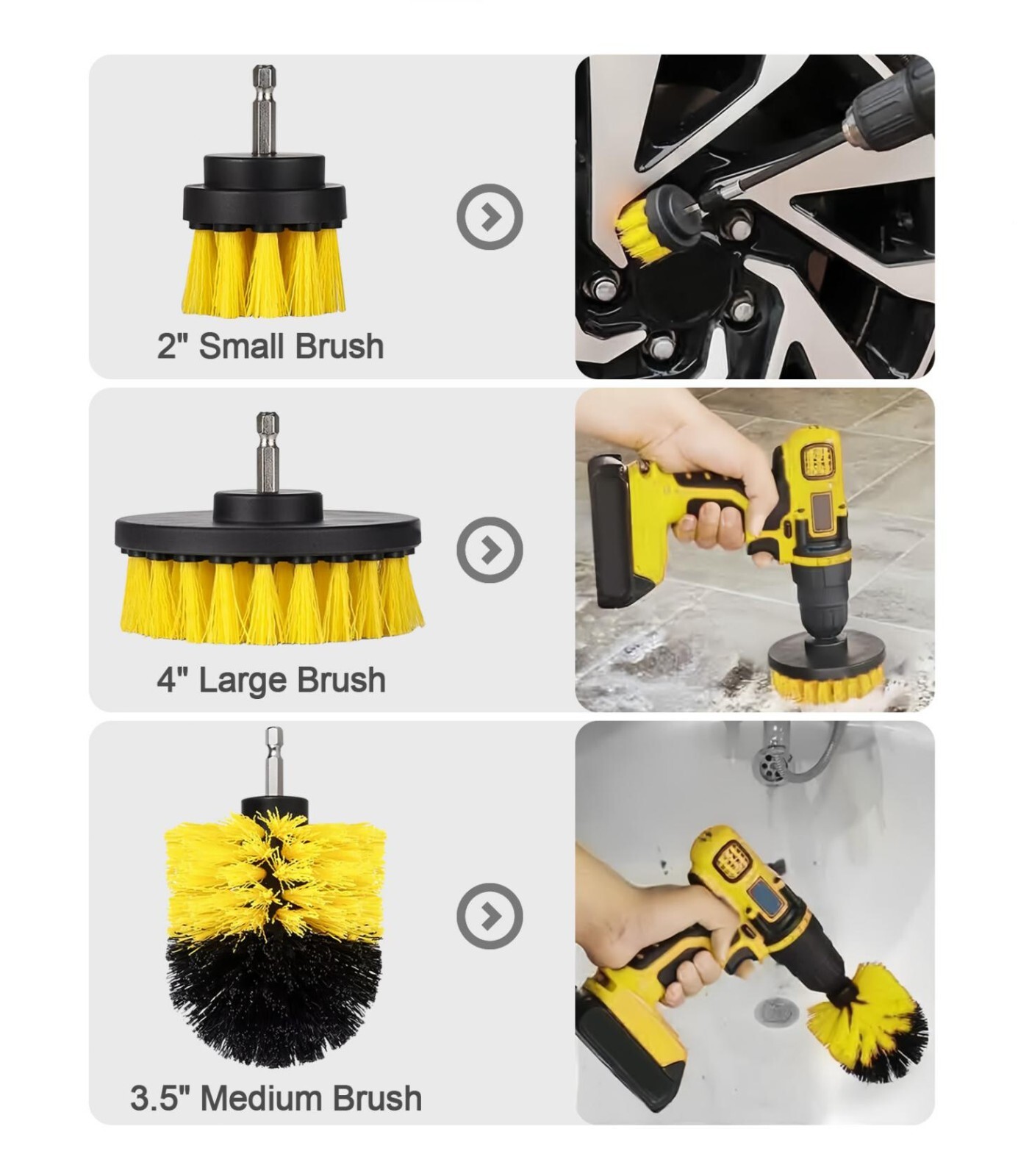 3 PCS Drill Brush Set Power Scrubber Attachments Car Carpet Tile Grout Cleaning