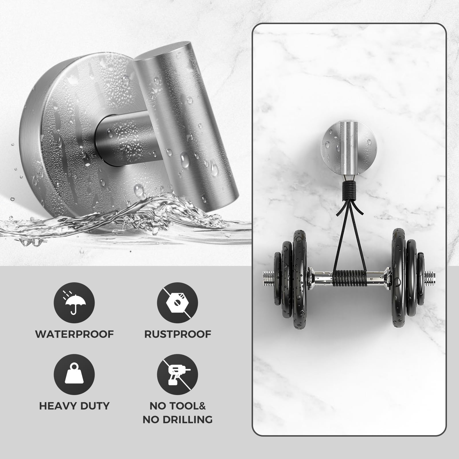 Removable Heavy Duty Suction Cup Shower Hooks, 4 Pack (Silver)