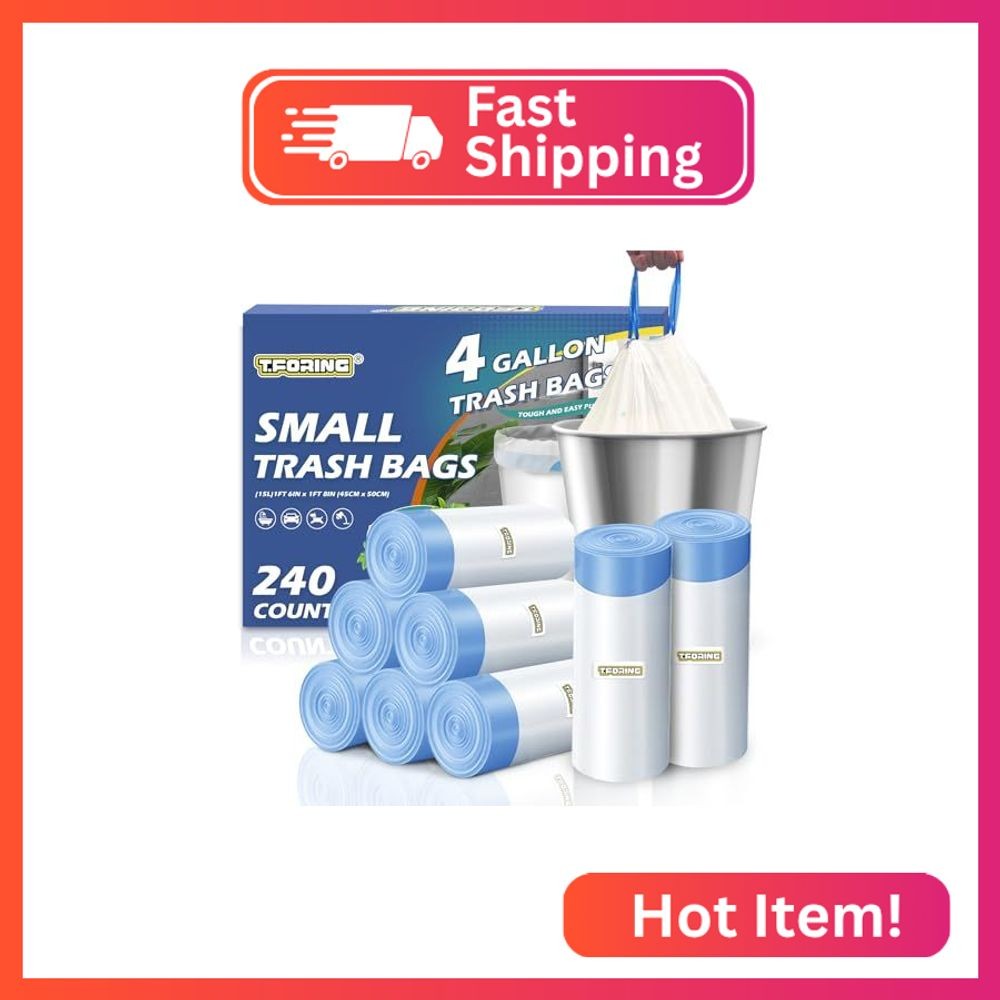 T.FORING Small Trash Bags 4 Gallon Drawstring,1.1 Mil,Unscented,240 Count