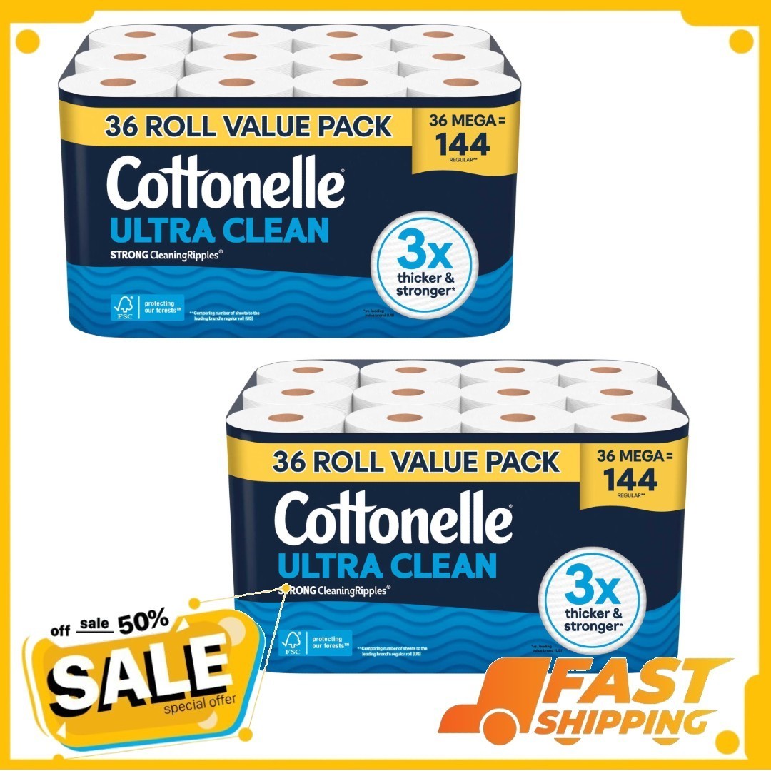 2 Pack Cottonelle Ultra Clean Toilet Paper, Strong Toilet Tissue, 36 Mega Rolls