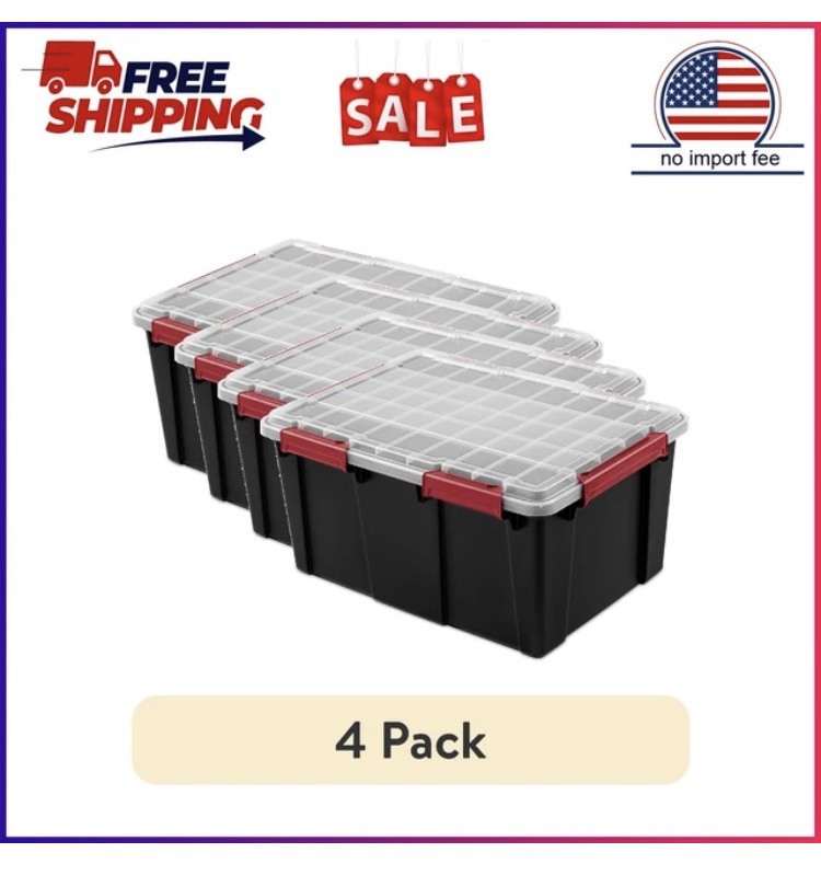 (4 pack) Sterilite Gasket Tote, 20 Gallon WaterProof Plastic Storage Bin with