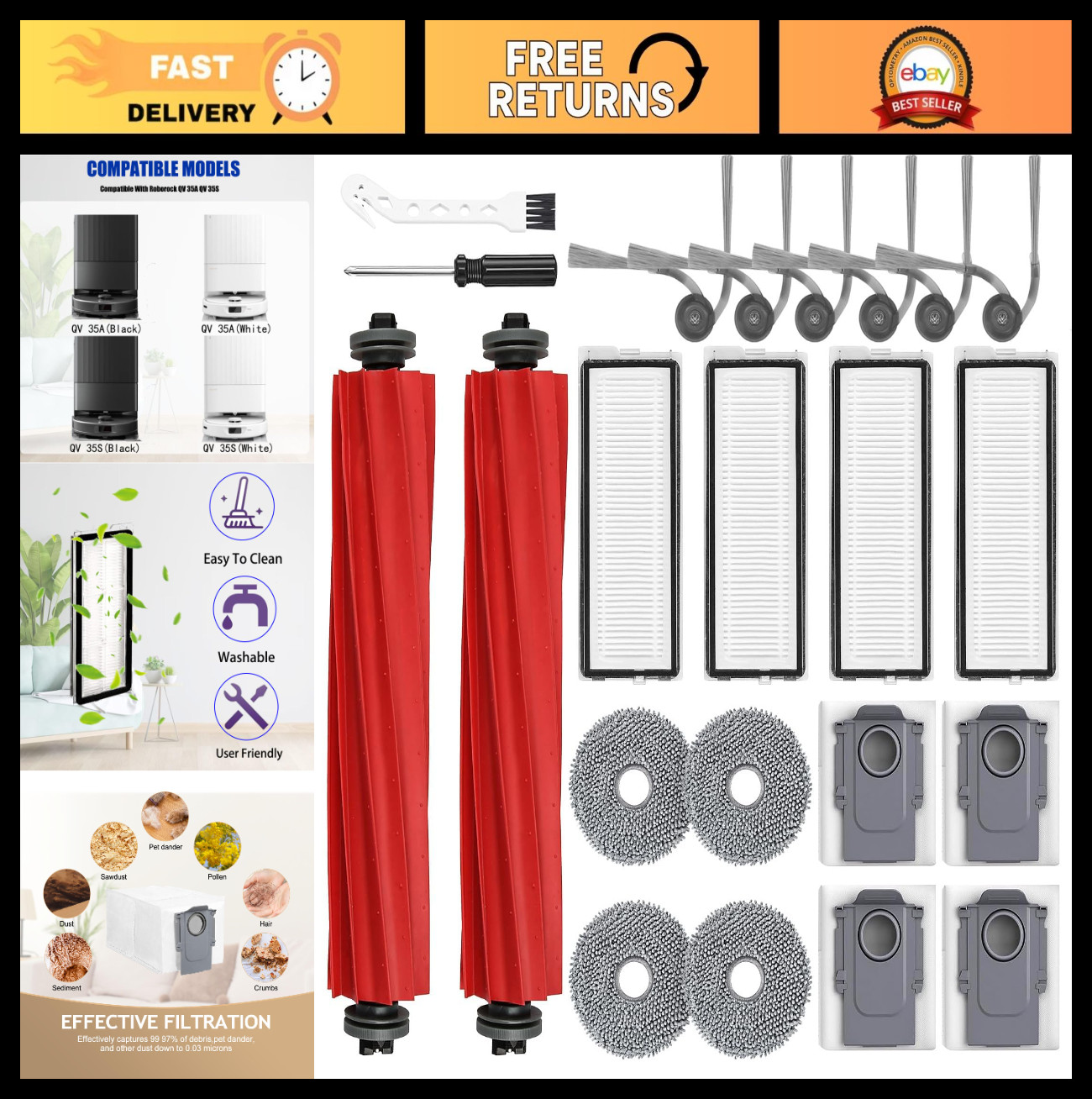 Robot Vacuum Accessories Replacement Kit – 2 Main Brushes, 4 HEPA Filters, 4 Mop
