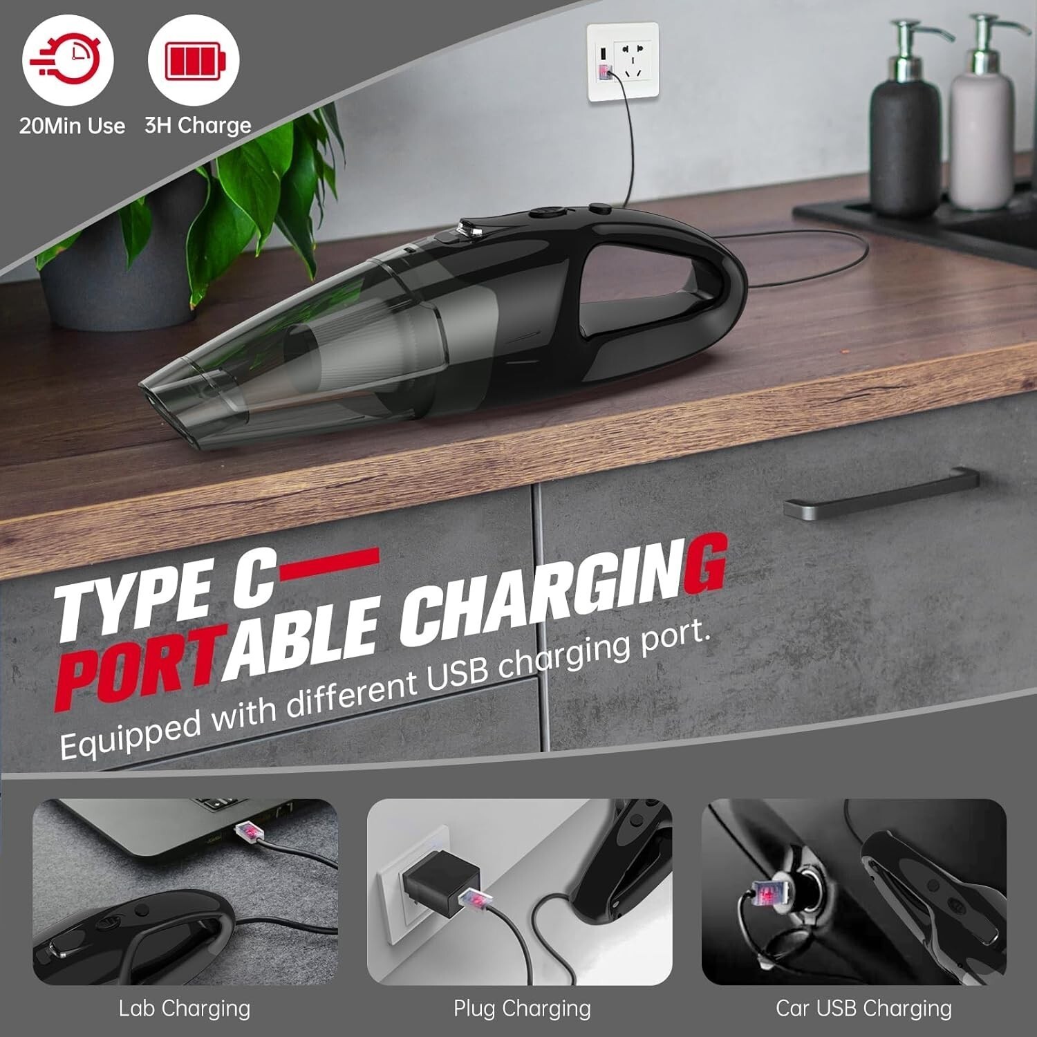 Handheld Vacuum Cordless Rechargeable, 1.65lbs, LED USB Charge, for Car/Home/Pet