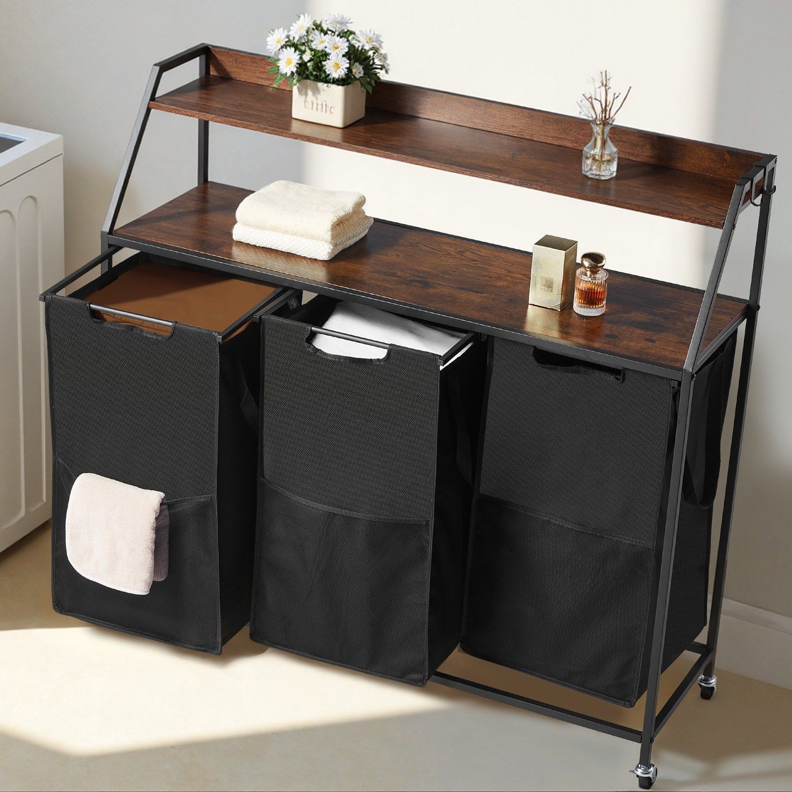 2-Tier 3-Section 600D Oxford Cloth Laundry Sorter with Metal Frame & Wooden Top