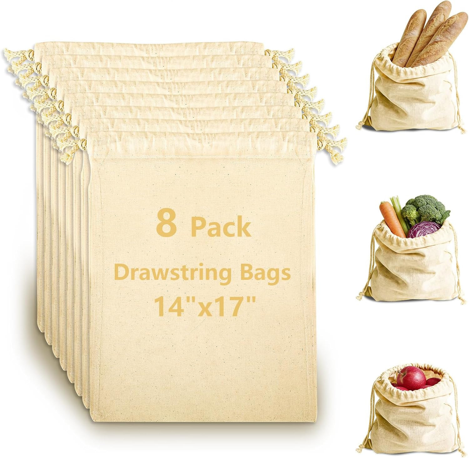 12 Pack Cotton Muslin Drawstring Bags – Reusable Cloth Bags for Storage, Produce