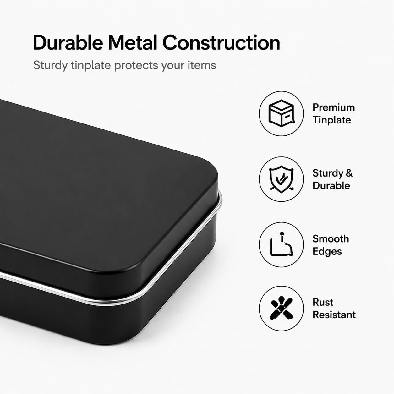 4 Pack Rectangular Tin Box with Hinged Lid,Black Metal Storage Container