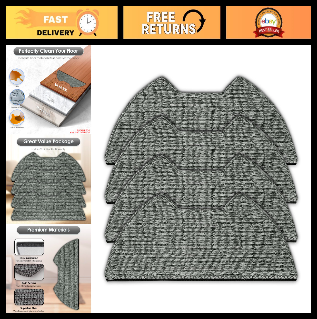 4 Pack Replacement Mop Pads for Shark Matrix Plus Robot Vacuum, Washable Cloths