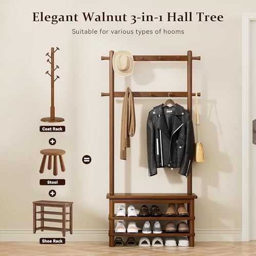 ** NEW Entryway Bench Rack | 3-in-1 Organizer | 11 Hooks | Solid Wood | Brown
