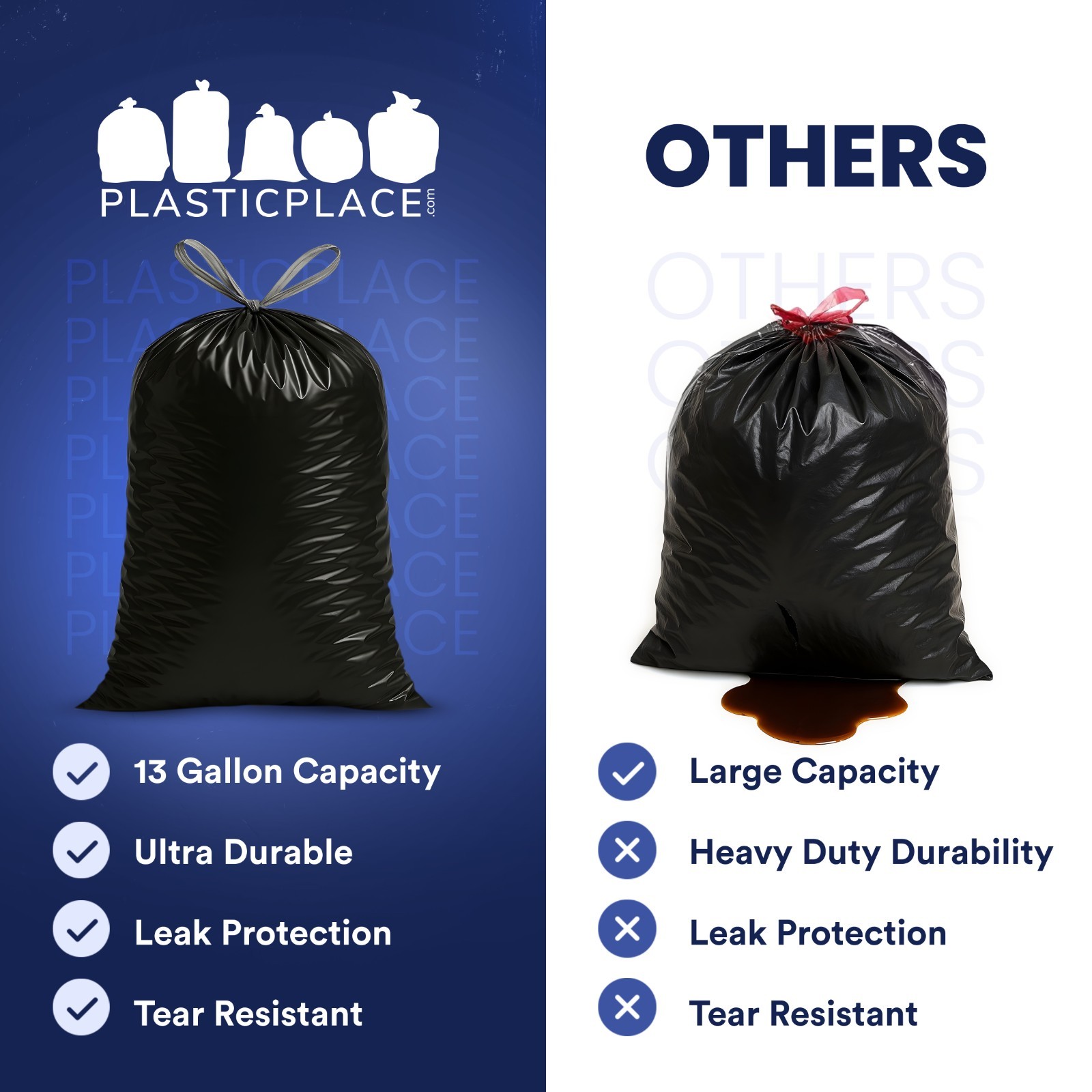 Plasticplace 13 Gallon Drawstring Trash Bags – Black, Case of 200 Garbage Bags