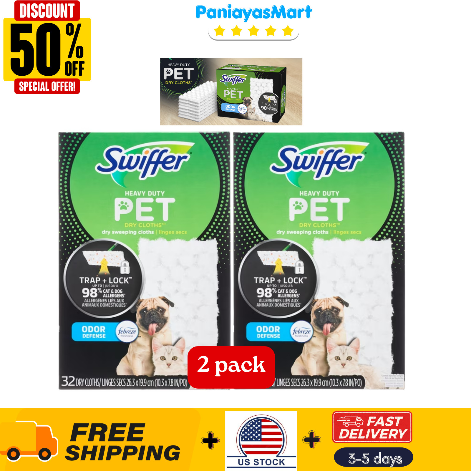 2 pack – Swiffer Hair Magnet Heavy Duty Pet Refills, Odor Defense, 32 Count