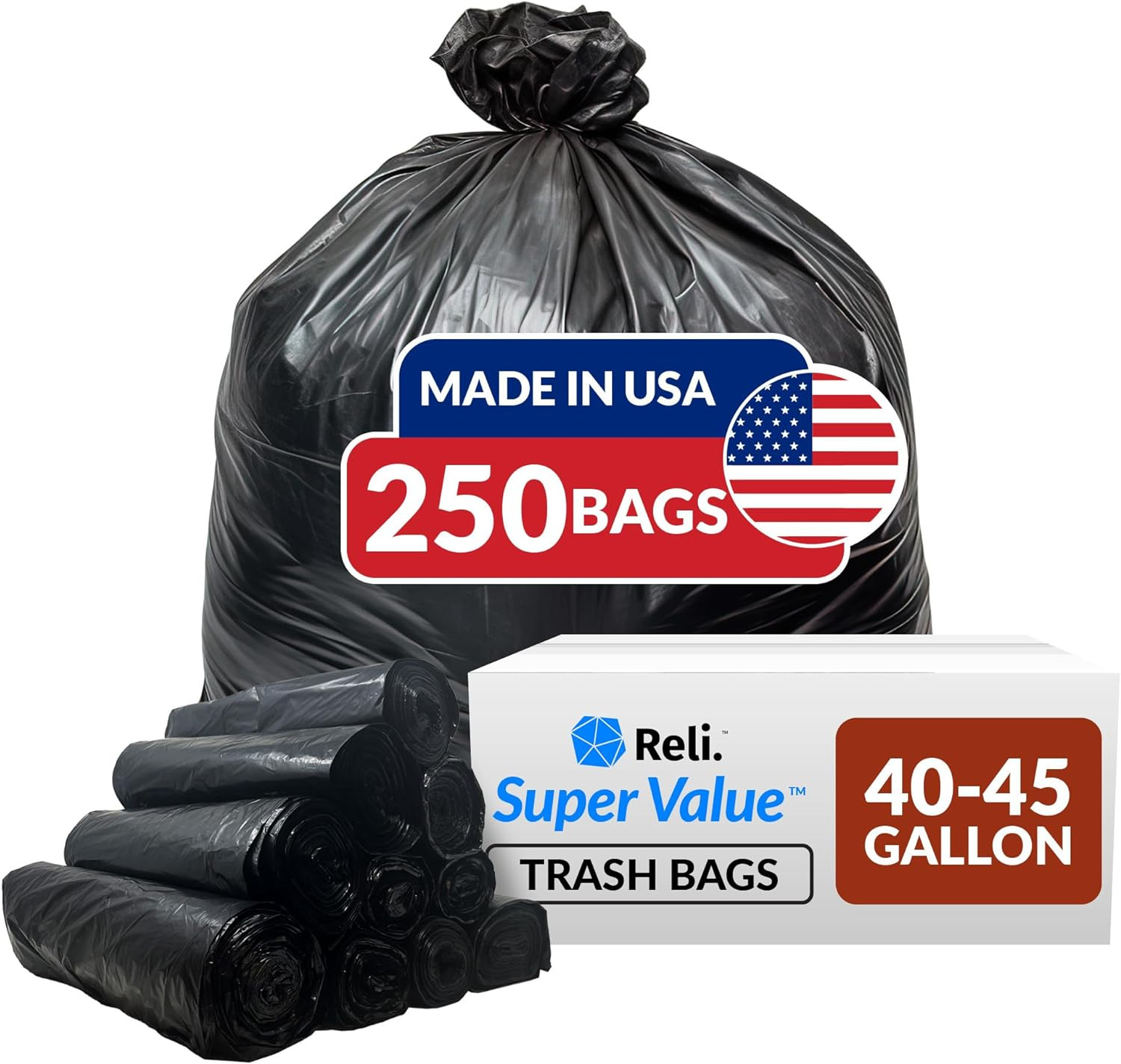 Supervalue 40-45 Gallon Trash Bags | 250 Count | Made in USA | Heavy Duty