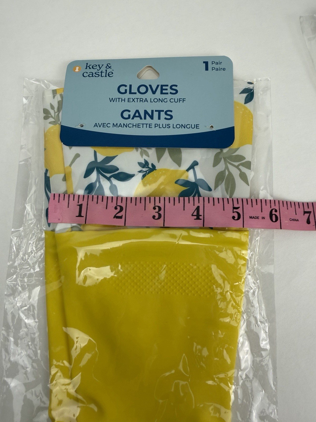 3-pk Key & Castle Extra-Long Cuff Latex Gloves One Size Lemons Dishwashing Clean